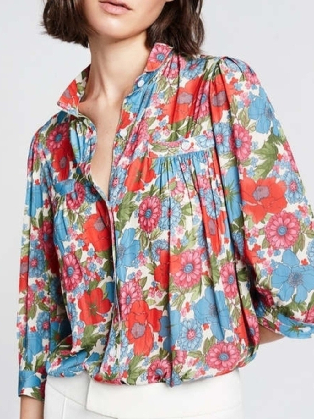 Smythe Red Pink Blue Floral Puff-Sleeve Blouse